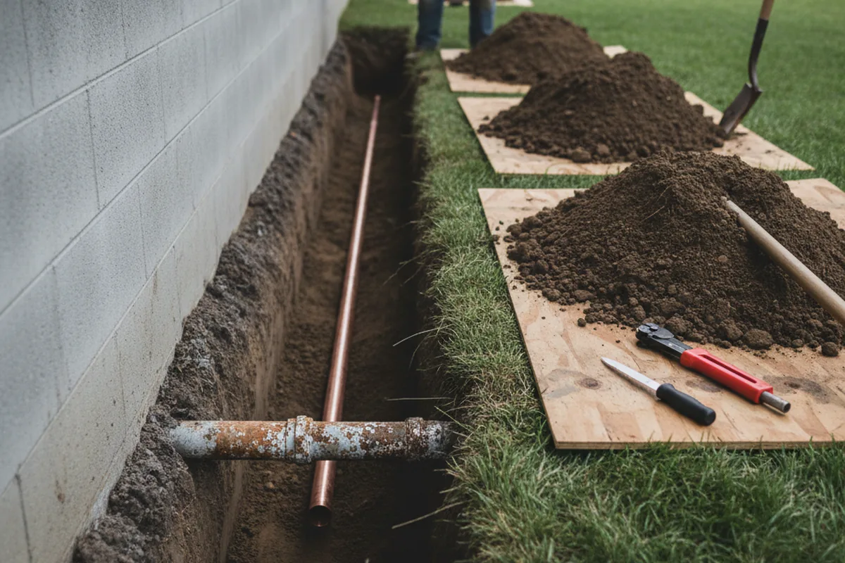 Excavated water line trench during Water Heater Repair in Tumtum